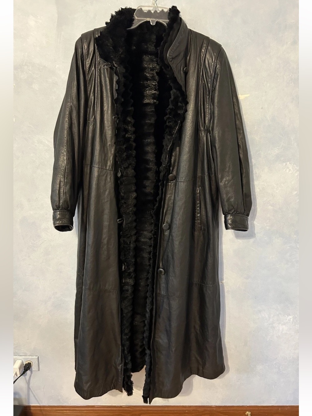 Vintage I Magnin Black Leather Genuine Fur Lined Maxi Trench Coat 80s Rare Large